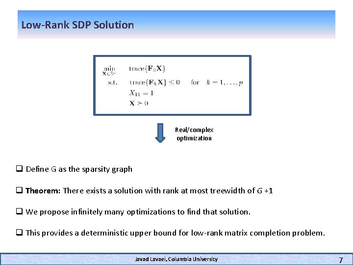 Low-Rank SDP Solution Real/complex optimization q Define G as the sparsity graph q Theorem: