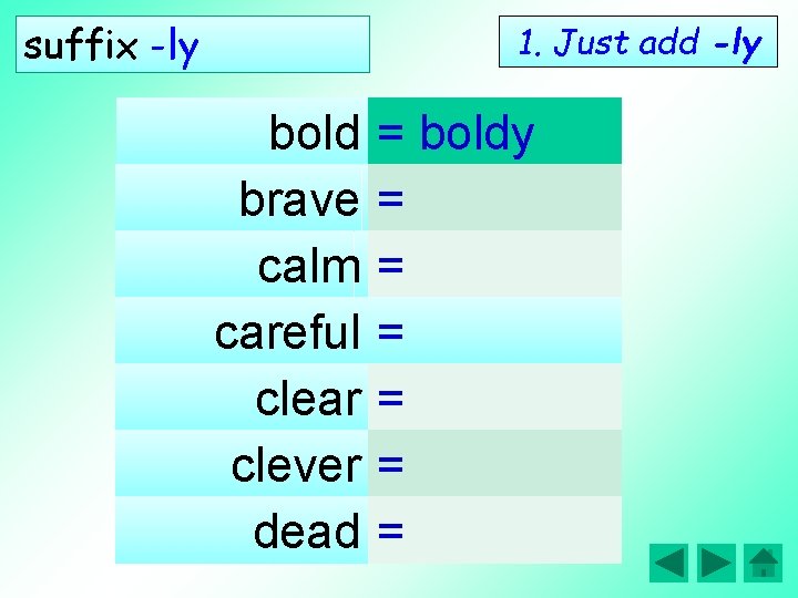suffix -ly 1. Just add -ly bold brave calm careful clear clever dead =