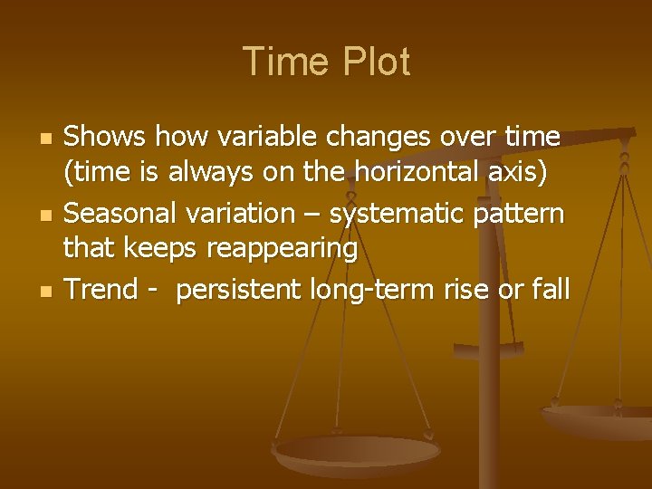 Time Plot n n n Shows how variable changes over time (time is always