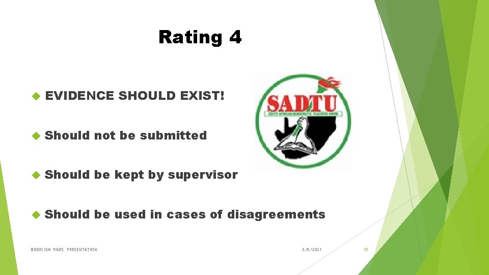 Rating 4 EVIDENCE SHOULD EXIST! Should not be submitted Should be kept by supervisor