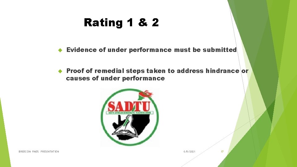 Rating 1 & 2 Evidence of under performance must be submitted Proof of remedial