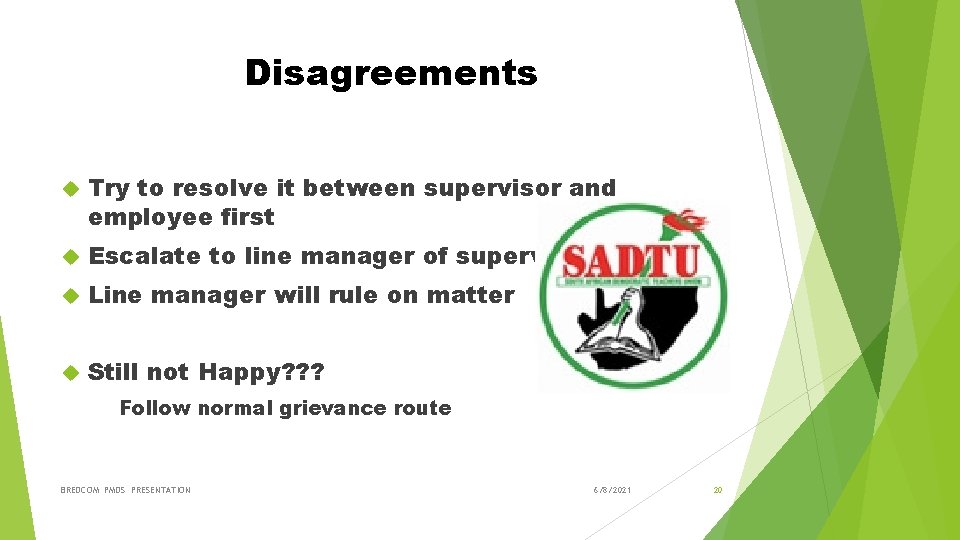 Disagreements Try to resolve it between supervisor and employee first Escalate to line manager