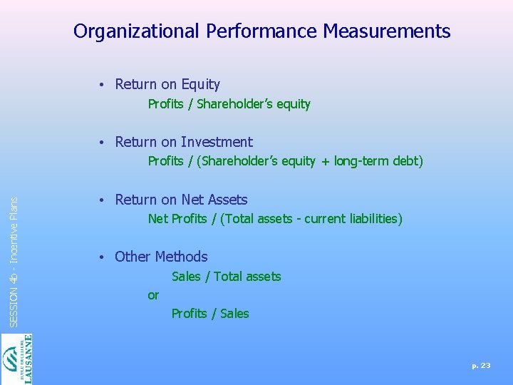 Organizational Performance Measurements • Return on Equity Profits / Shareholder’s equity • Return on
