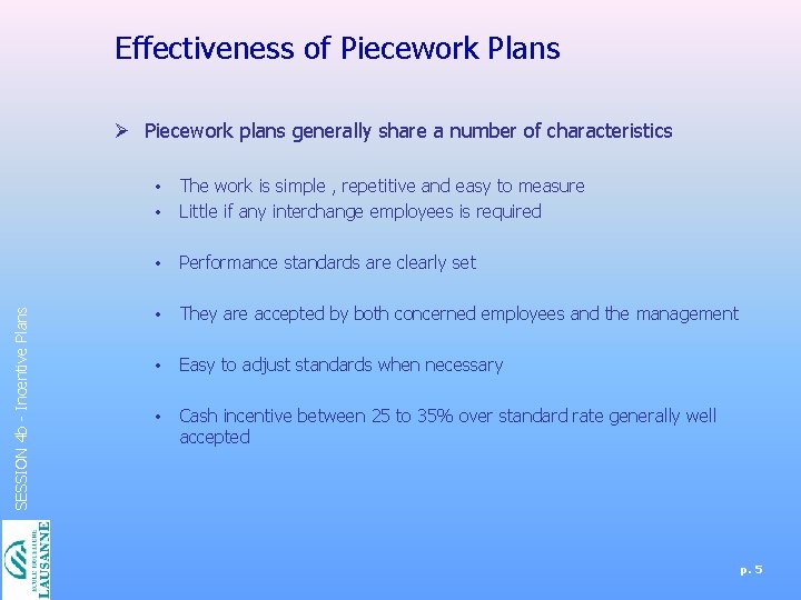 Effectiveness of Piecework Plans SESSION 4 b - Incentive Plans Ø Piecework plans generally