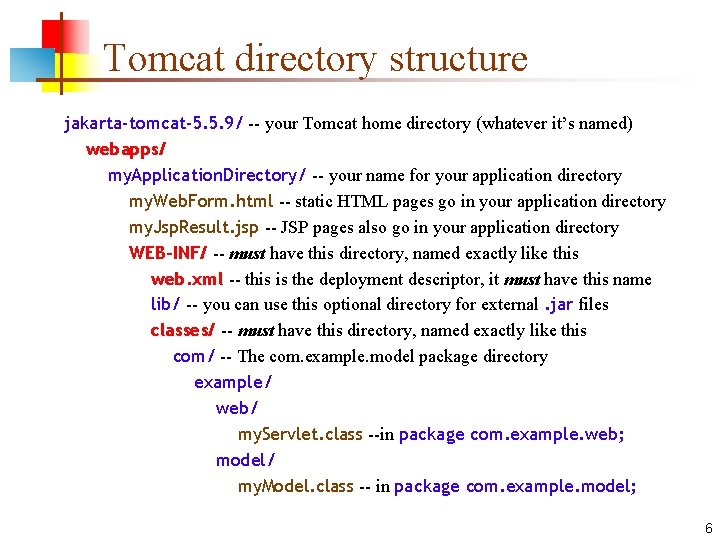 Tomcat directory structure jakarta-tomcat-5. 5. 9/ -- your Tomcat home directory (whatever it’s named)