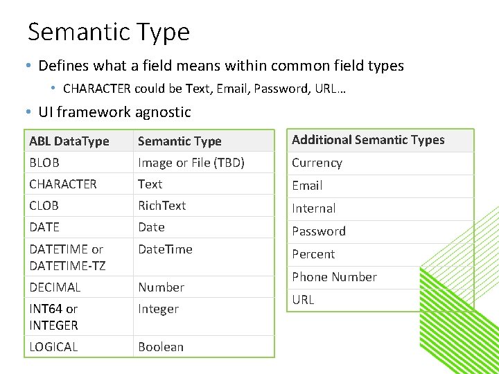 Semantic Type • Defines what a field means within common field types • CHARACTER