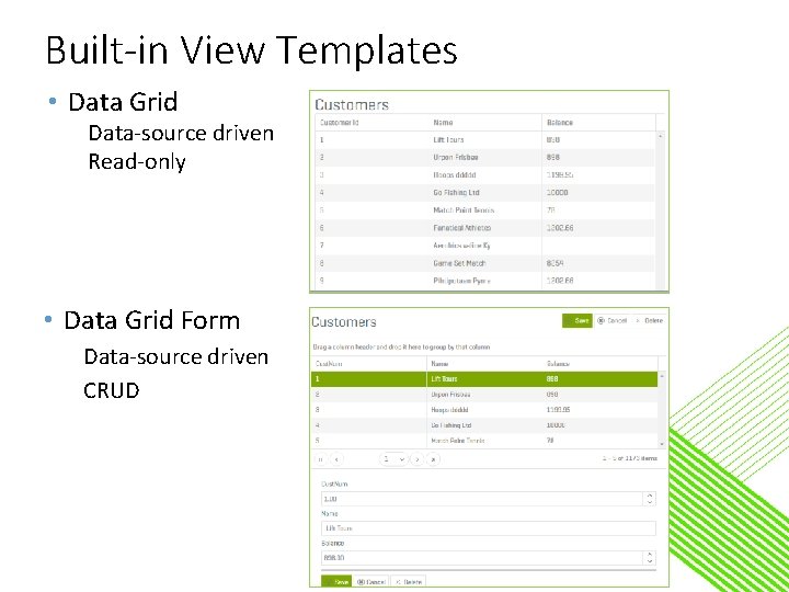 Built-in View Templates • Data Grid Data-source driven Read-only • Data Grid Form Data-source