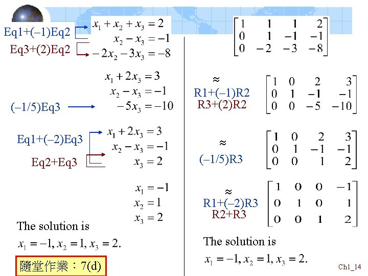 Eq 1+(– 1)Eq 2 Eq 3+(2)Eq 2 (– 1/5)Eq 3 Eq 1+(– 2)Eq 3 Eq 1+(– 1)Eq 2 Eq 3+(2)Eq 2 (– 1/5)Eq 3 Eq 1+(– 2)Eq 3