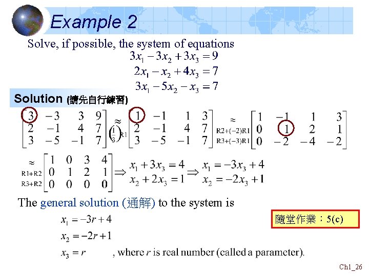 Example 2 Solve, if possible, the system of equations Solution (請先自行練習) The general solution