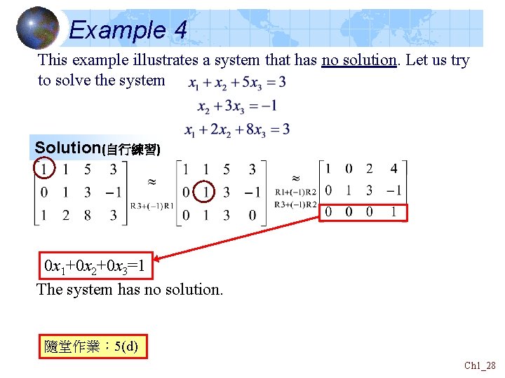 Example 4 This example illustrates a system that has no solution. Let us try