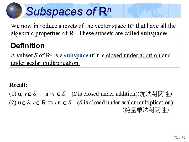 Subspaces of Rn We now introduce subsets of the vector space Rn that have