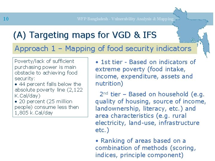 10 WFP Bangladesh - Vulnerability Analysis & Mapping (A) Targeting maps for VGD &
