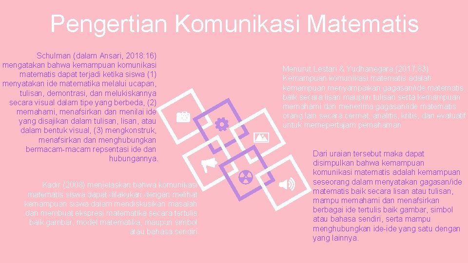 Pengertian Komunikasi Matematis Schulman (dalam Ansari, 2018: 16) mengatakan bahwa kemampuan komunikasi matematis dapat