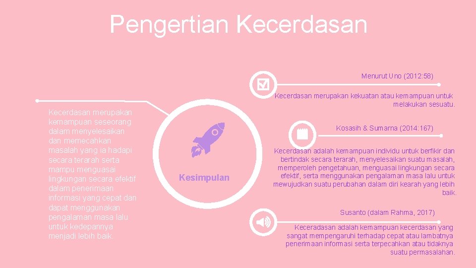 Pengertian Kecerdasan Menurut Uno (2012: 58) Kecerdasan merupakan kemampuan seseorang dalam menyelesaikan dan memecahkan