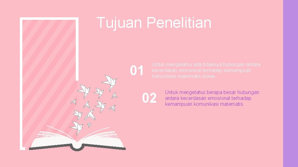 Tujuan Penelitian 01 Untuk mengetahui ada tidaknya hubungan antara kecerdasan emosional terhadap kemampuan komunikasi