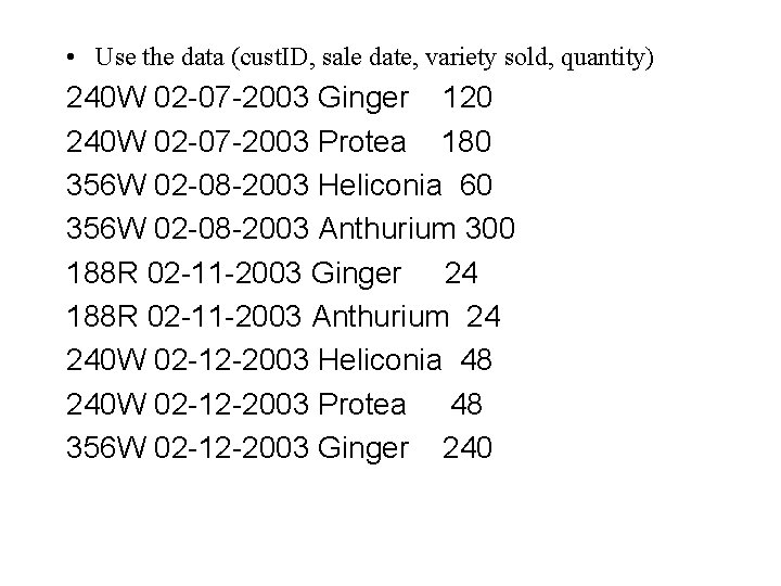  • Use the data (cust. ID, sale date, variety sold, quantity) 240 W