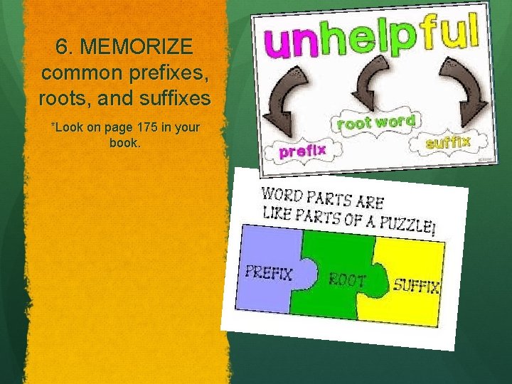 6. MEMORIZE common prefixes, roots, and suffixes *Look on page 175 in your book.