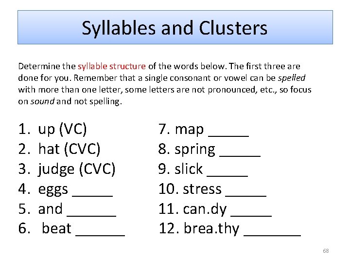 Syllables and Clusters Determine the syllable structure of the words below. The first three