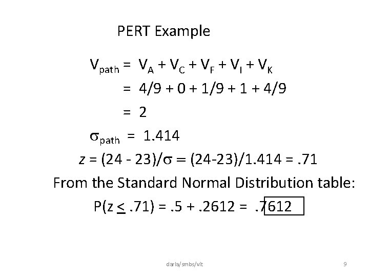 PERT Example Vpath = VA + VC + VF + VI + VK =