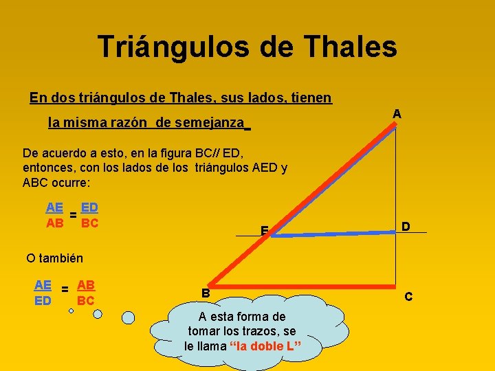 Triángulos de Thales En dos triángulos de Thales, sus lados, tienen A la misma