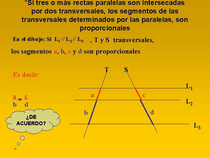 "Si tres o más rectas paralelas son intersecadas por dos transversales, los segmentos de