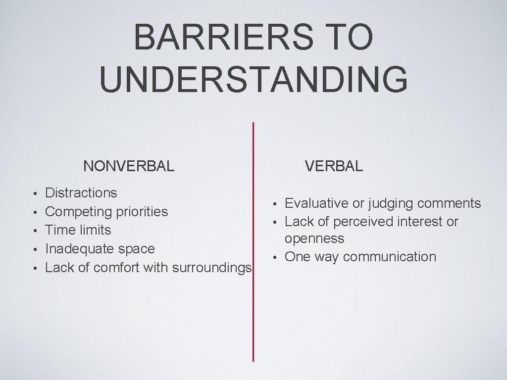 BARRIERS TO UNDERSTANDING NONVERBAL • • • Distractions Competing priorities Time limits Inadequate space