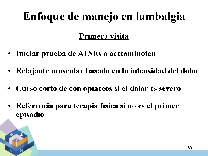 Enfoque de manejo en lumbalgia Primera visita • Iniciar prueba de AINEs o acetaminofen