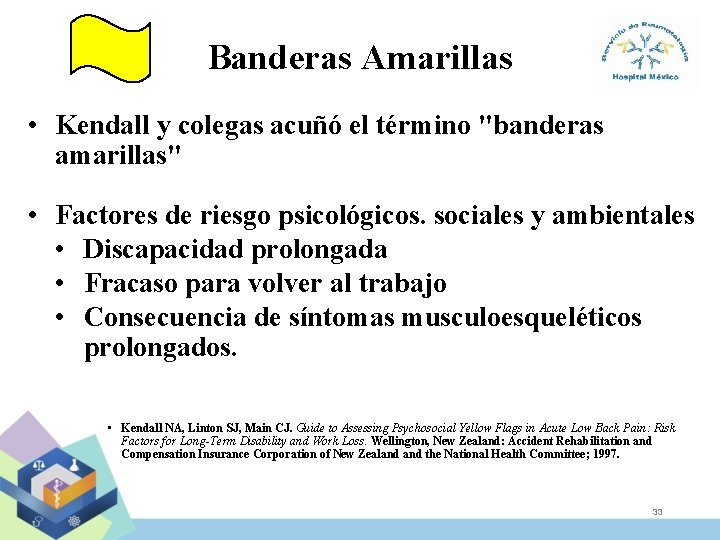 Banderas Amarillas • Kendall y colegas acuñó el término "banderas amarillas" • Factores de