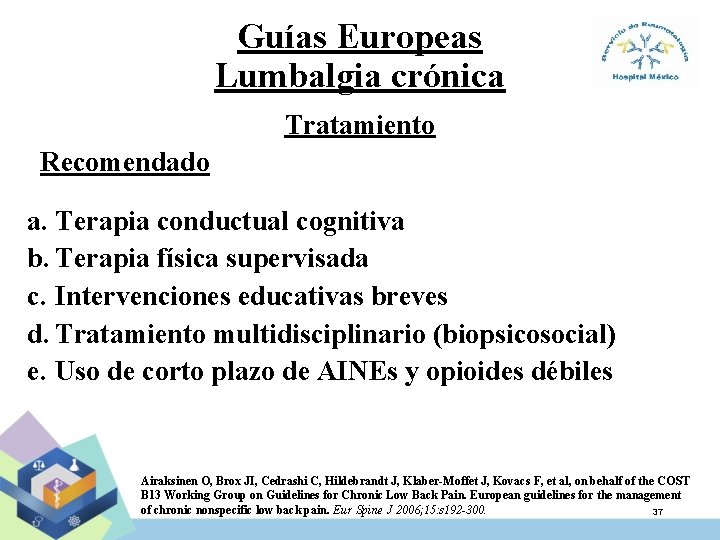 Guías Europeas Lumbalgia crónica Tratamiento Recomendado a. Terapia conductual cognitiva b. Terapia física supervisada