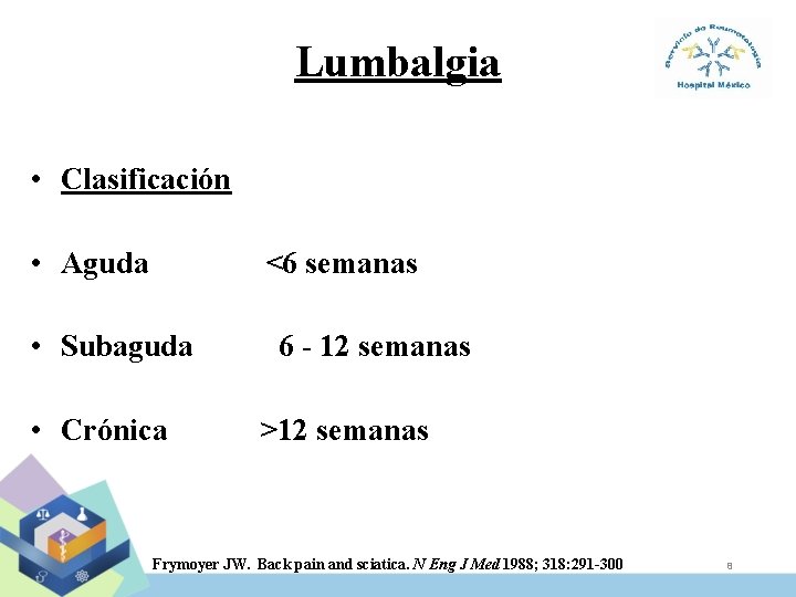 Lumbalgia • Clasificación • Aguda <6 semanas • Subaguda • Crónica 6 - 12