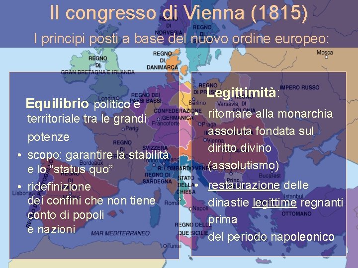 Il congresso di Vienna (1815) I principi posti a base del nuovo ordine europeo: