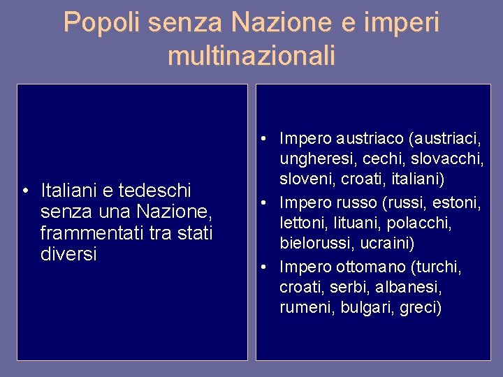 Popoli senza Nazione e imperi multinazionali • Italiani e tedeschi senza una Nazione, frammentati