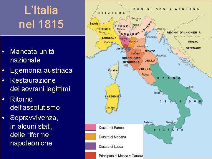 L’Italia nel 1815 • Mancata unità nazionale • Egemonia austriaca • Restaurazione dei sovrani