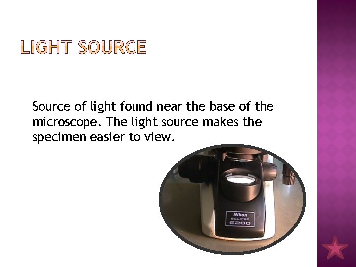 Source of light found near the base of the microscope. The light source makes