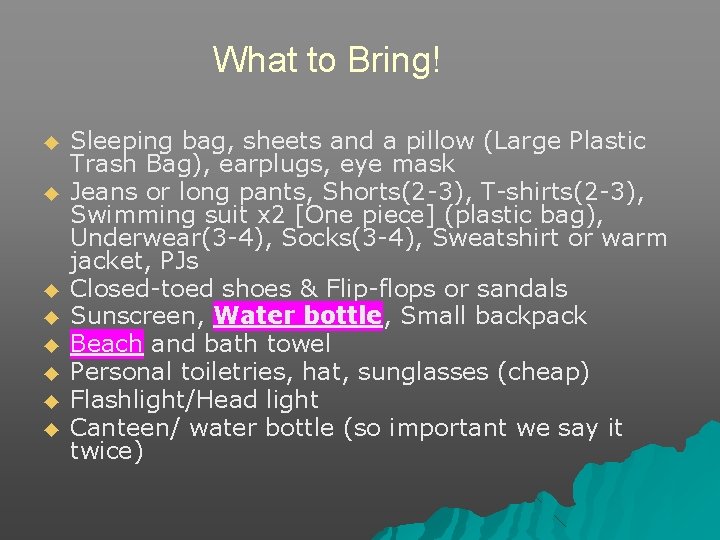 What to Bring! ◆ ◆ ◆ ◆ Sleeping bag, sheets and a pillow (Large