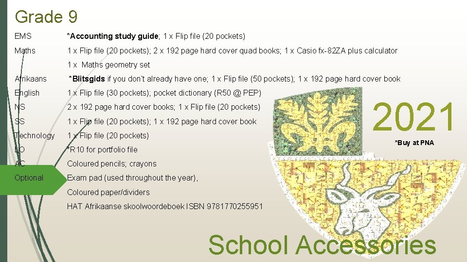 Grade 9 EMS *Accounting study guide; 1 x Flip file (20 pockets) Maths 1