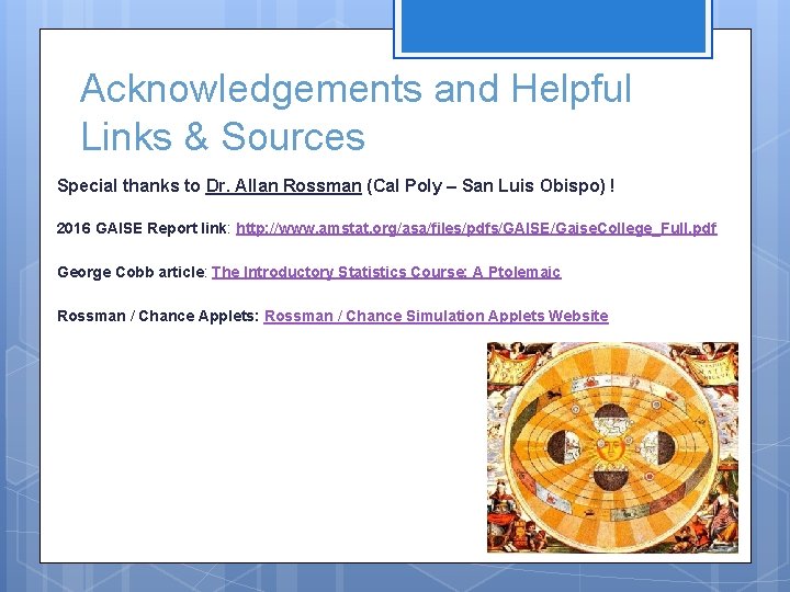 Acknowledgements and Helpful Links & Sources Special thanks to Dr. Allan Rossman (Cal Poly