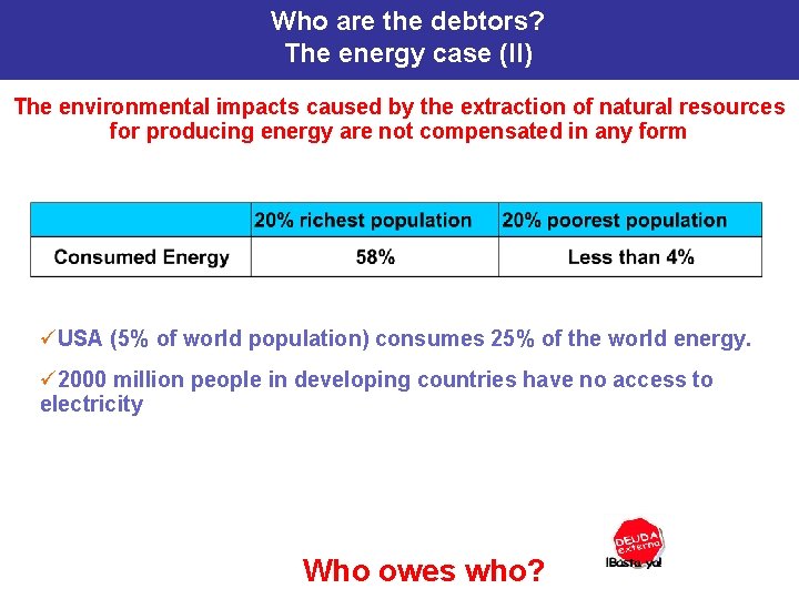 Who are the debtors? The energy case (II) The environmental impacts caused by the
