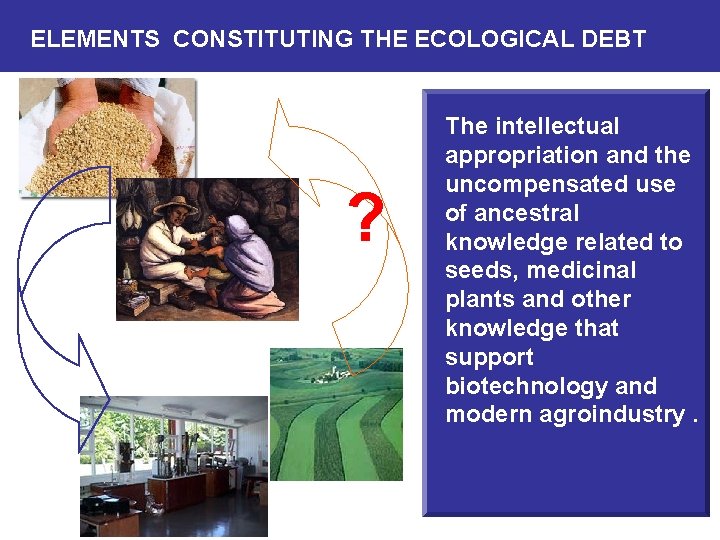 ELEMENTS CONSTITUTING THE ECOLOGICAL DEBT ? The intellectual appropriation and the uncompensated use of