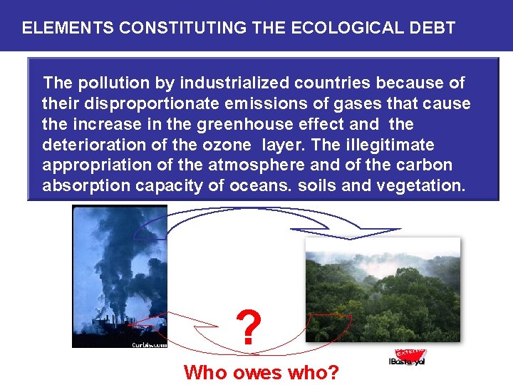 ELEMENTS CONSTITUTING THE ECOLOGICAL DEBT The pollution by industrialized countries because of their disproportionate