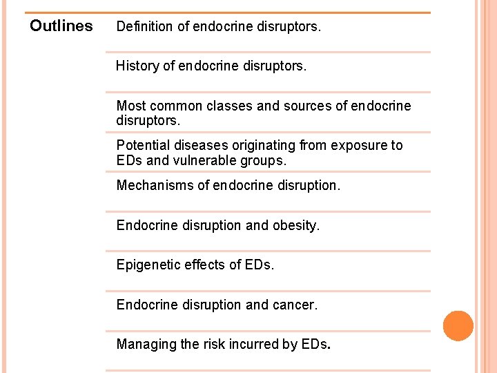 Outlines Definition of endocrine disruptors. History of endocrine disruptors. Most common classes and sources