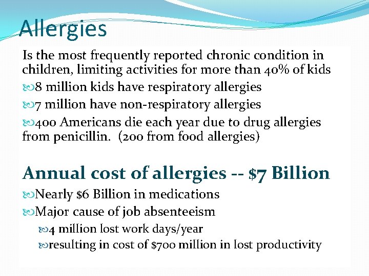 Allergies Is the most frequently reported chronic condition in children, limiting activities for more