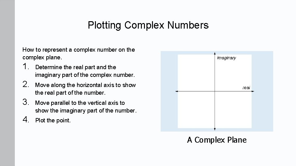 Plotting Complex Numbers How to represent a complex number on the complex plane. 1.