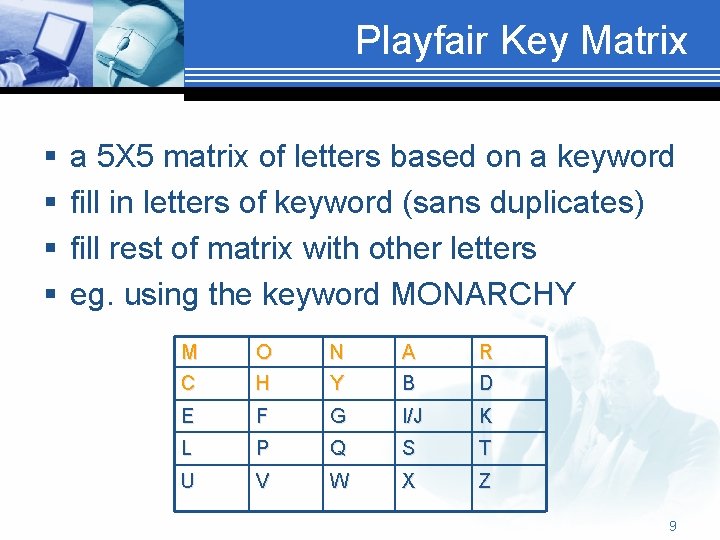 Playfair Key Matrix § § a 5 X 5 matrix of letters based on