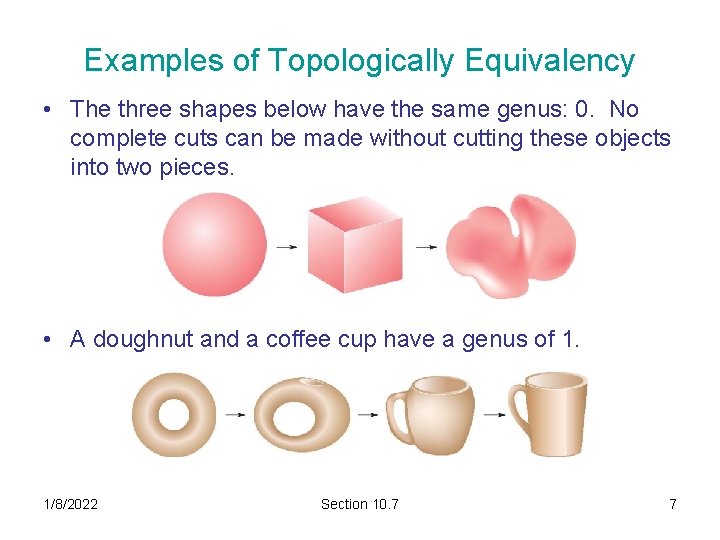 Examples of Topologically Equivalency • The three shapes below have the same genus: 0. Examples of Topologically Equivalency • The three shapes below have the same genus: 0.
