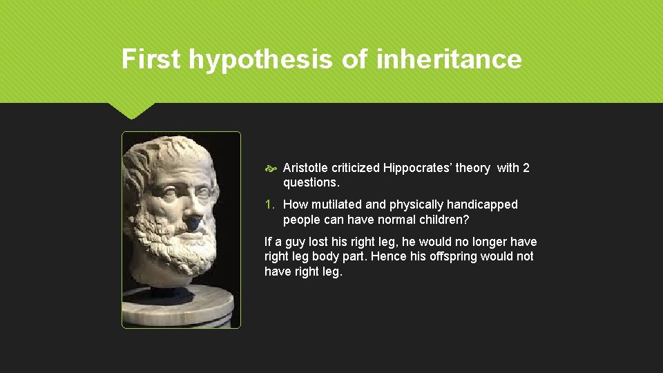 First hypothesis of inheritance Aristotle criticized Hippocrates’ theory with 2 questions. 1. How mutilated