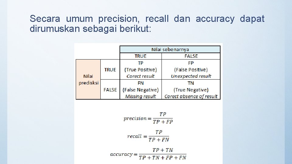 Secara umum precision, recall dan accuracy dapat dirumuskan sebagai berikut: 