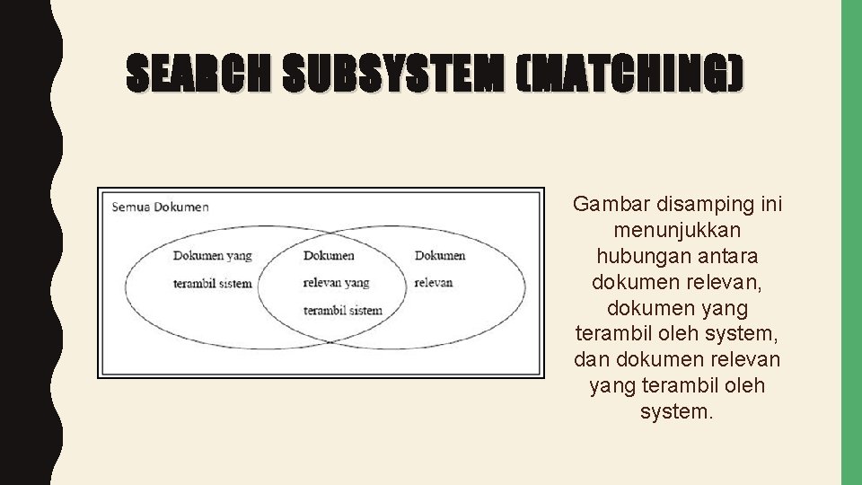 SEARCH SUBSYSTEM (MATCHING) Gambar disamping ini menunjukkan hubungan antara dokumen relevan, dokumen yang terambil