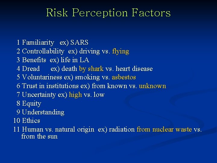 Risk Perception Factors 1 Familiarity ex) SARS 2 Controllability ex) driving vs. flying 3