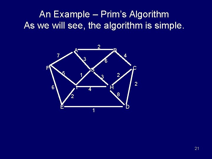 An Example – Prim’s Algorithm As we will see, the algorithm is simple. 7